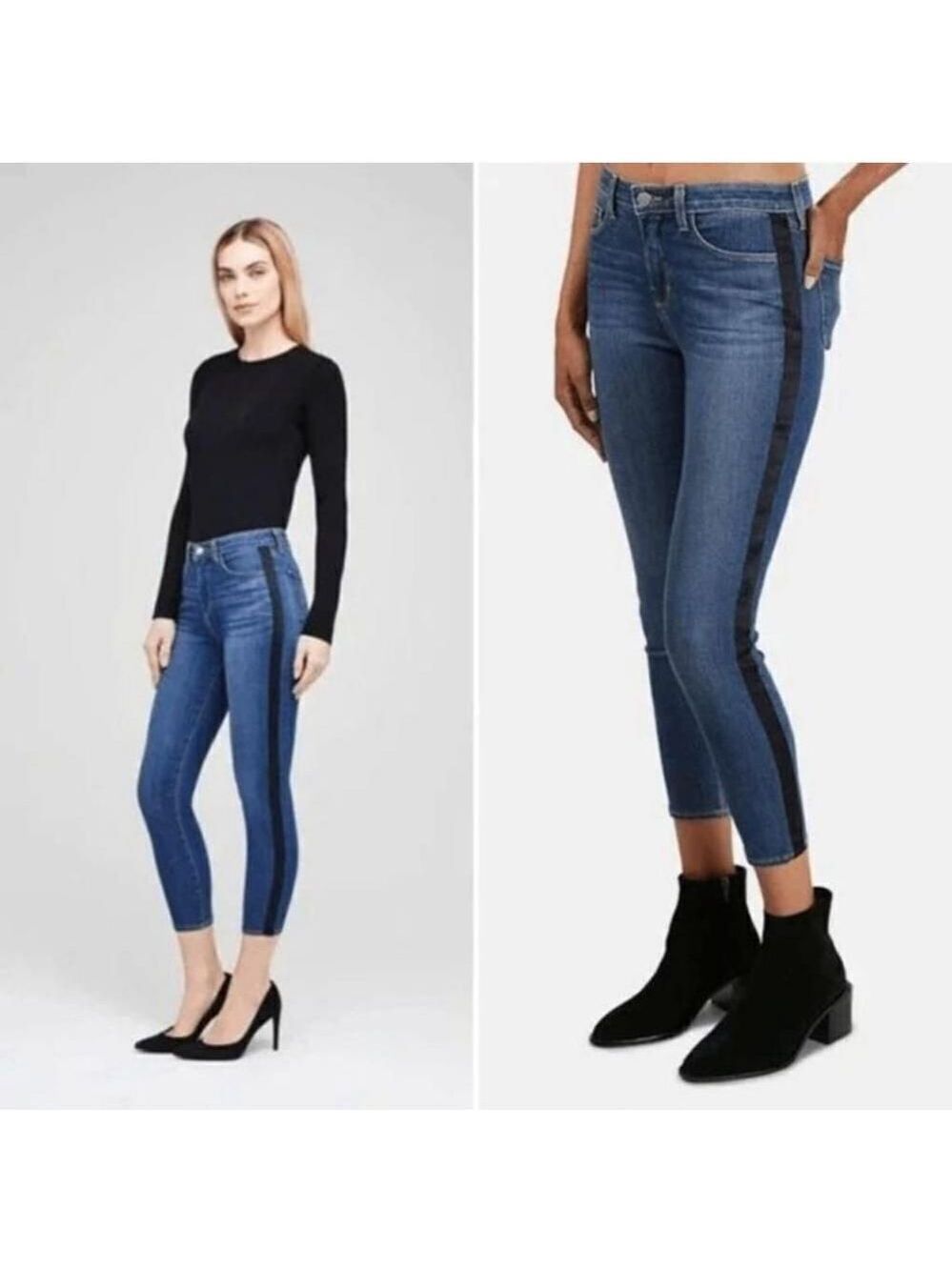 L'AGENCE Margot High Rise Skinny Jeans 27 Neptune Blue Satin Side Stripe NWT